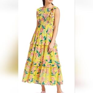 Benjanan‎ Iris Smocked Floral Ruffle Yellow Midi Dress In Ascot Gsvotte Aurora.